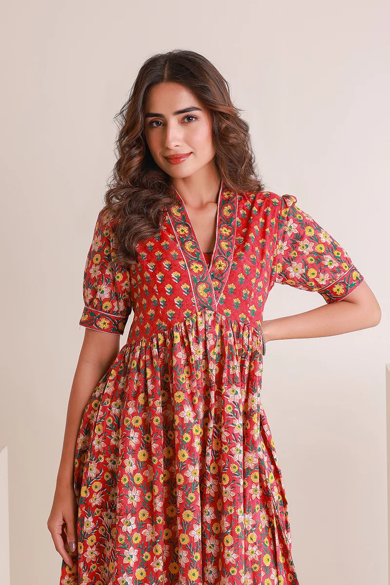Red Floral Printed V-Neck Gathered Detailed Cotton A-Line Midi Ethnic Dress