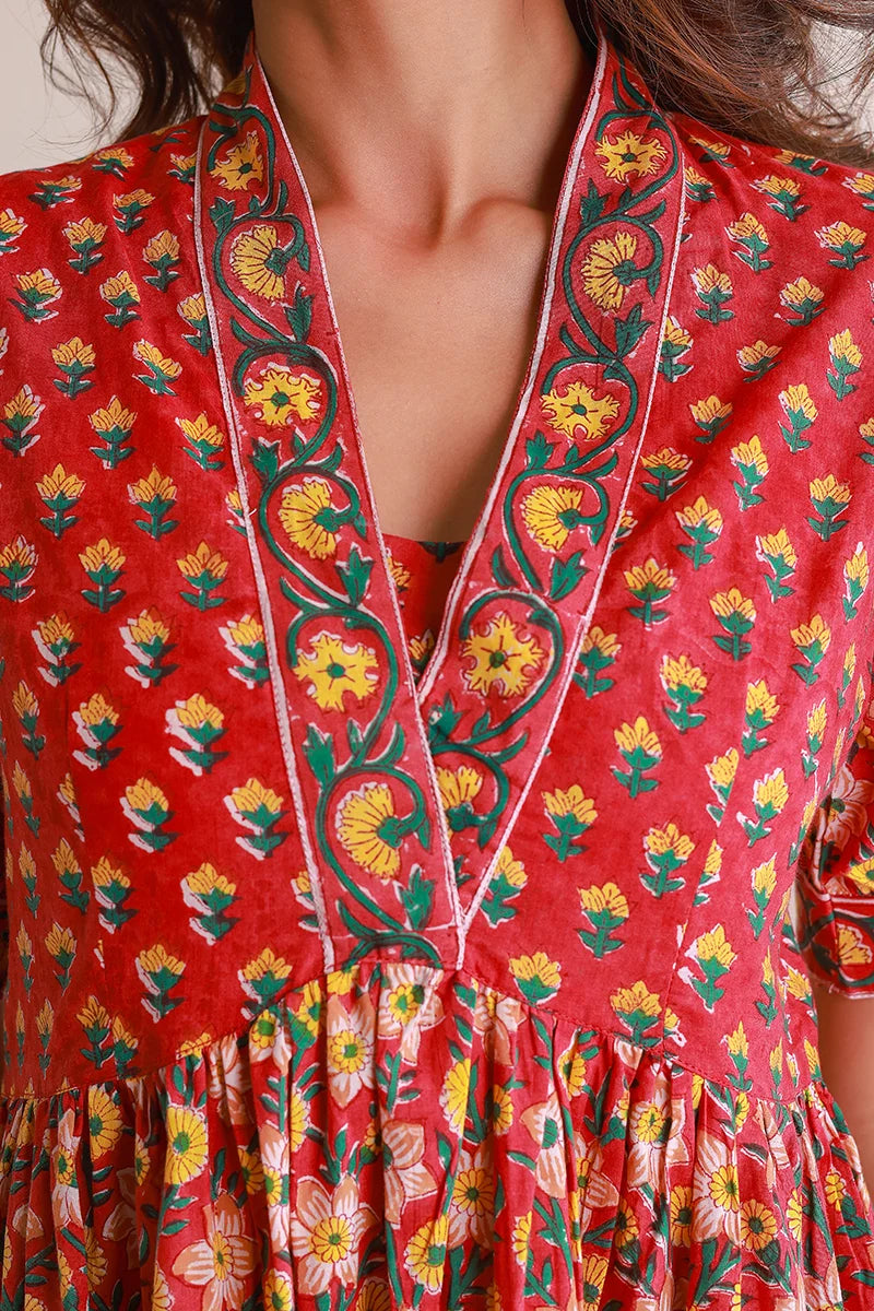 Red Floral Printed V-Neck Gathered Detailed Cotton A-Line Midi Ethnic Dress