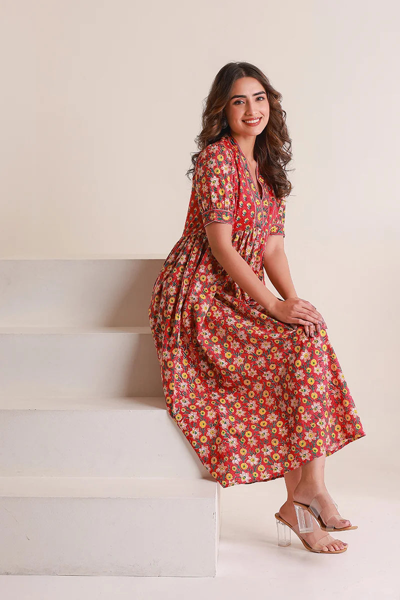 Red Floral Printed V-Neck Gathered Detailed Cotton A-Line Midi Ethnic Dress