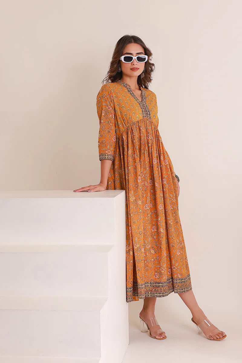 Mustard Floral Printed Anarkali Kurta