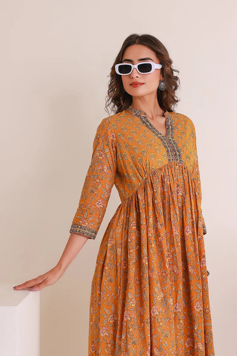 Mustard Floral Printed Anarkali Kurta