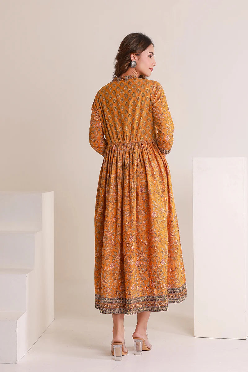 Mustard Floral Printed Anarkali Kurta