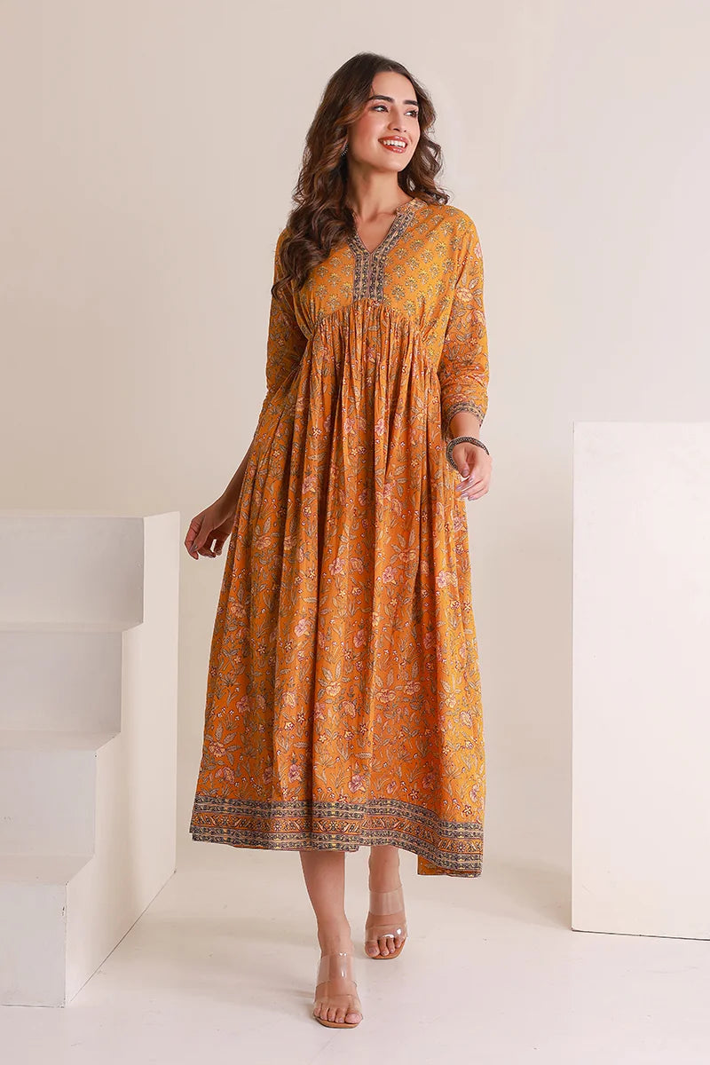 Mustard Floral Printed Anarkali Kurta