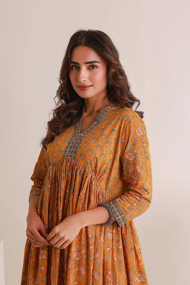 Mustard Floral Printed Anarkali Kurta