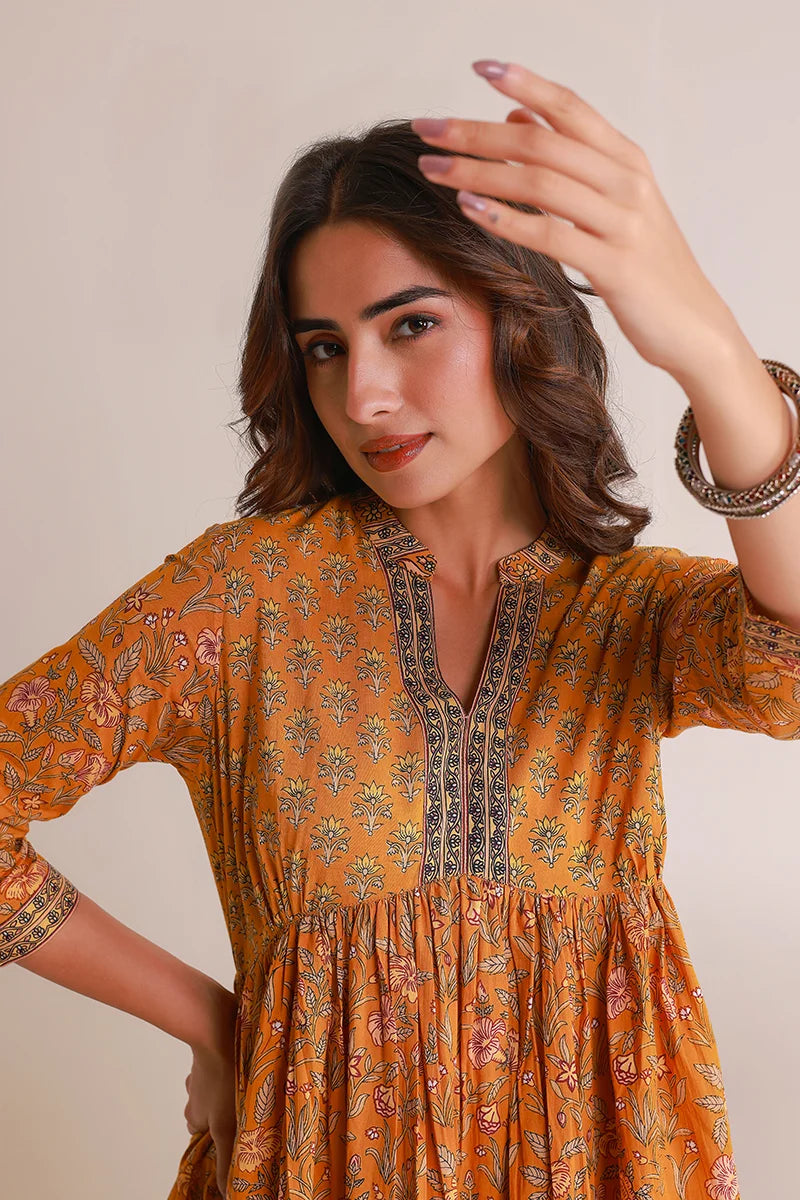 Mustard Floral Printed Anarkali Kurta