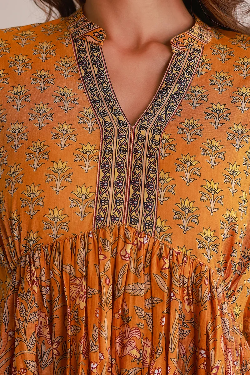 Mustard Floral Printed Anarkali Kurta