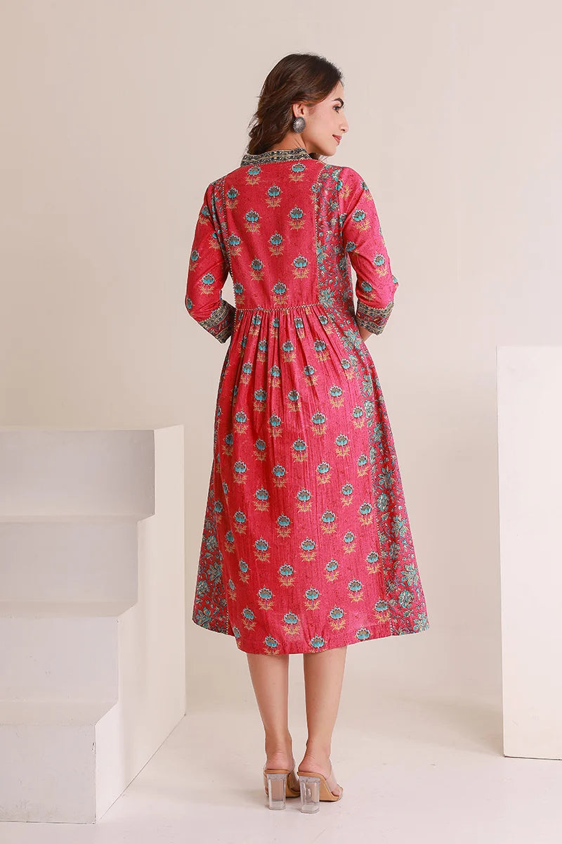Pink Floral Print Midi Pure Cotton Ethnic Dress with Gotta Work Detail