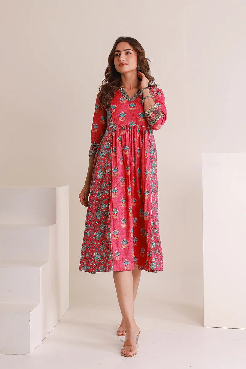 Pink Floral Print Midi Pure Cotton Ethnic Dress with Gotta Work Detail