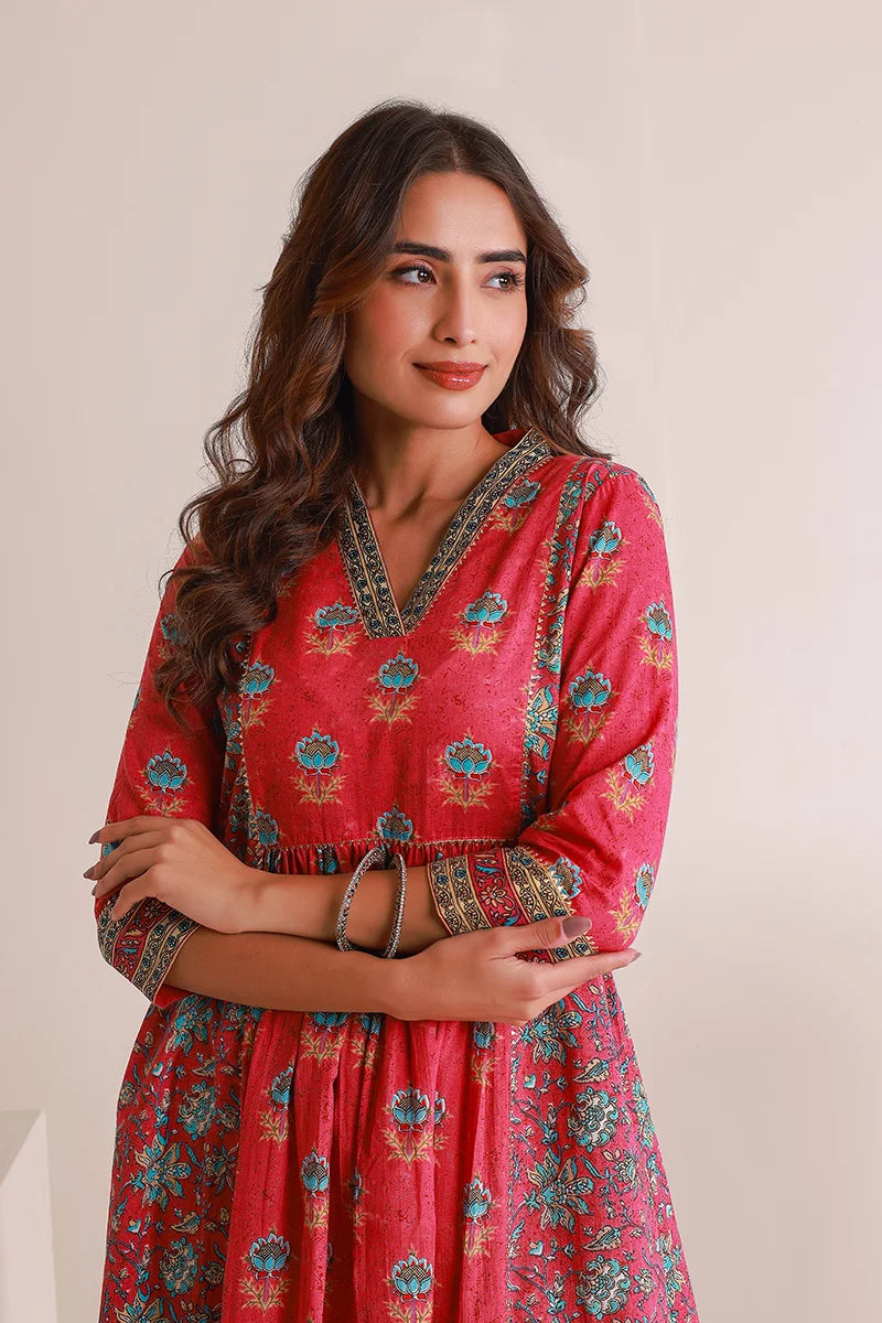Pink Floral Print Midi Pure Cotton Ethnic Dress with Gotta Work Detail
