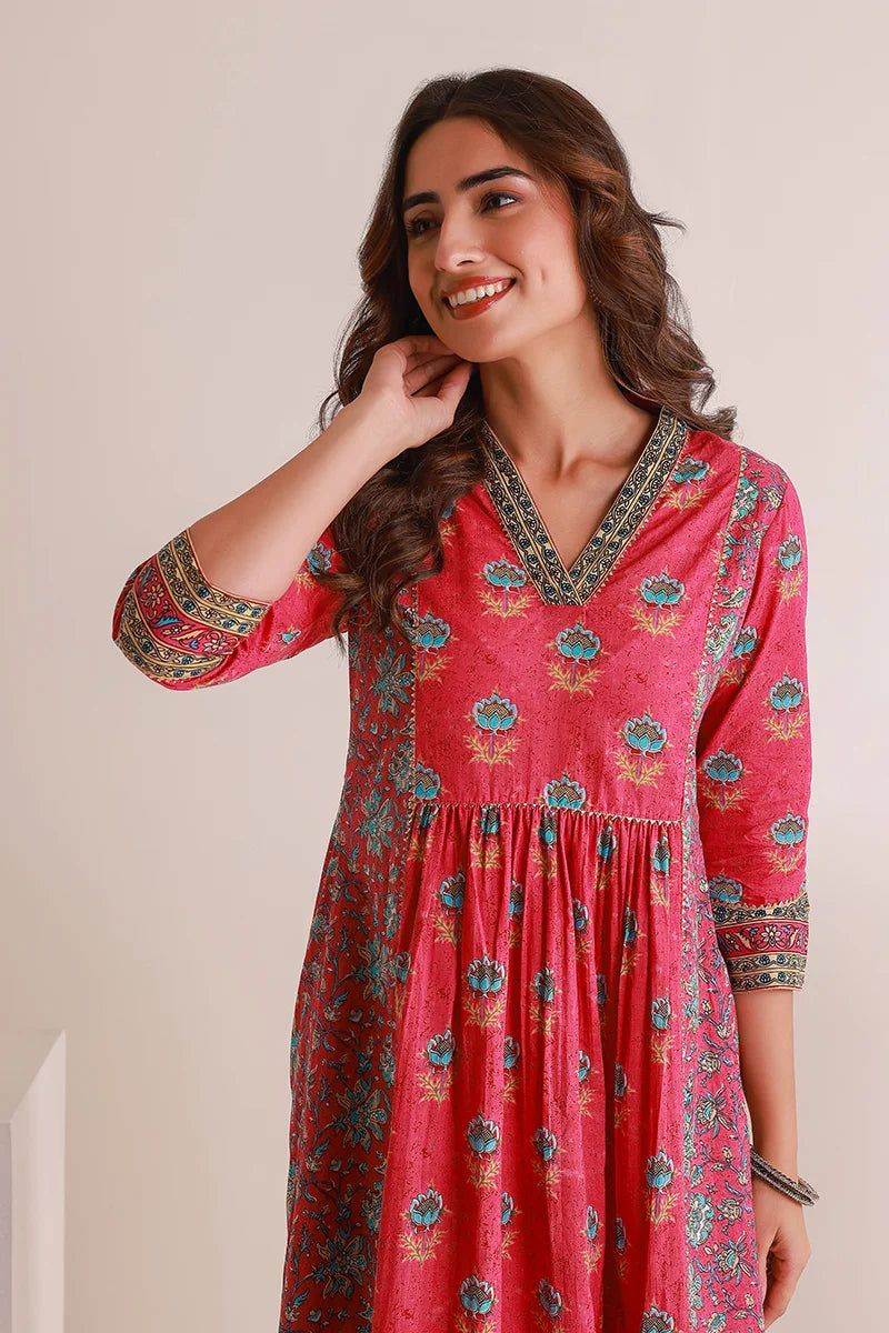 Pink Floral Print Midi Pure Cotton Ethnic Dress with Gotta Work Detail
