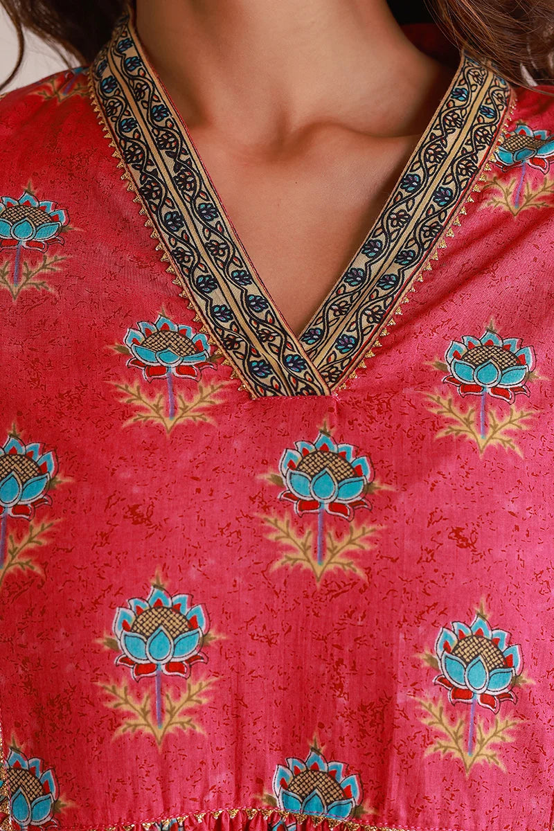 Pink Floral Print Midi Pure Cotton Ethnic Dress with Gotta Work Detail