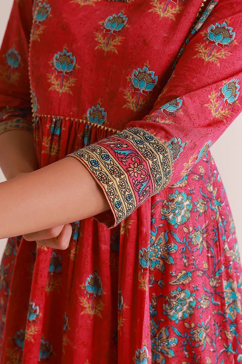 Pink Floral Print Midi Pure Cotton Ethnic Dress with Gotta Work Detail