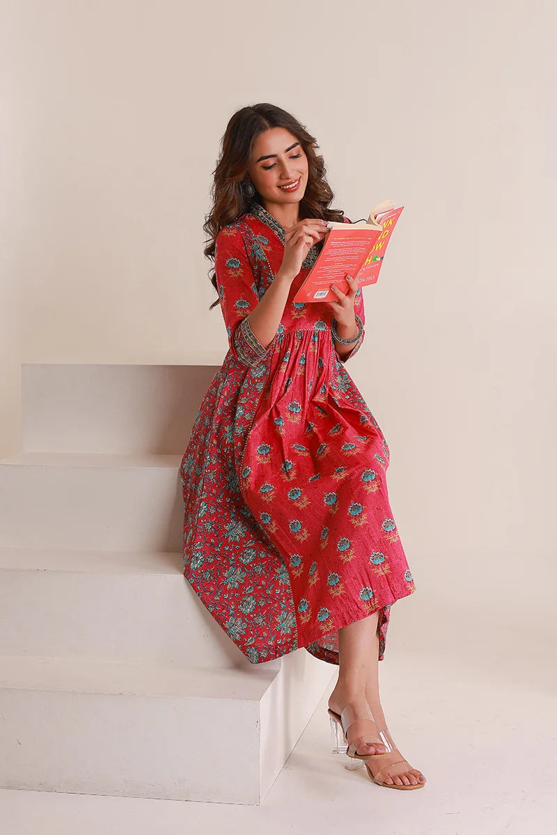Pink Floral Print Midi Pure Cotton Ethnic Dress with Gotta Work Detail
