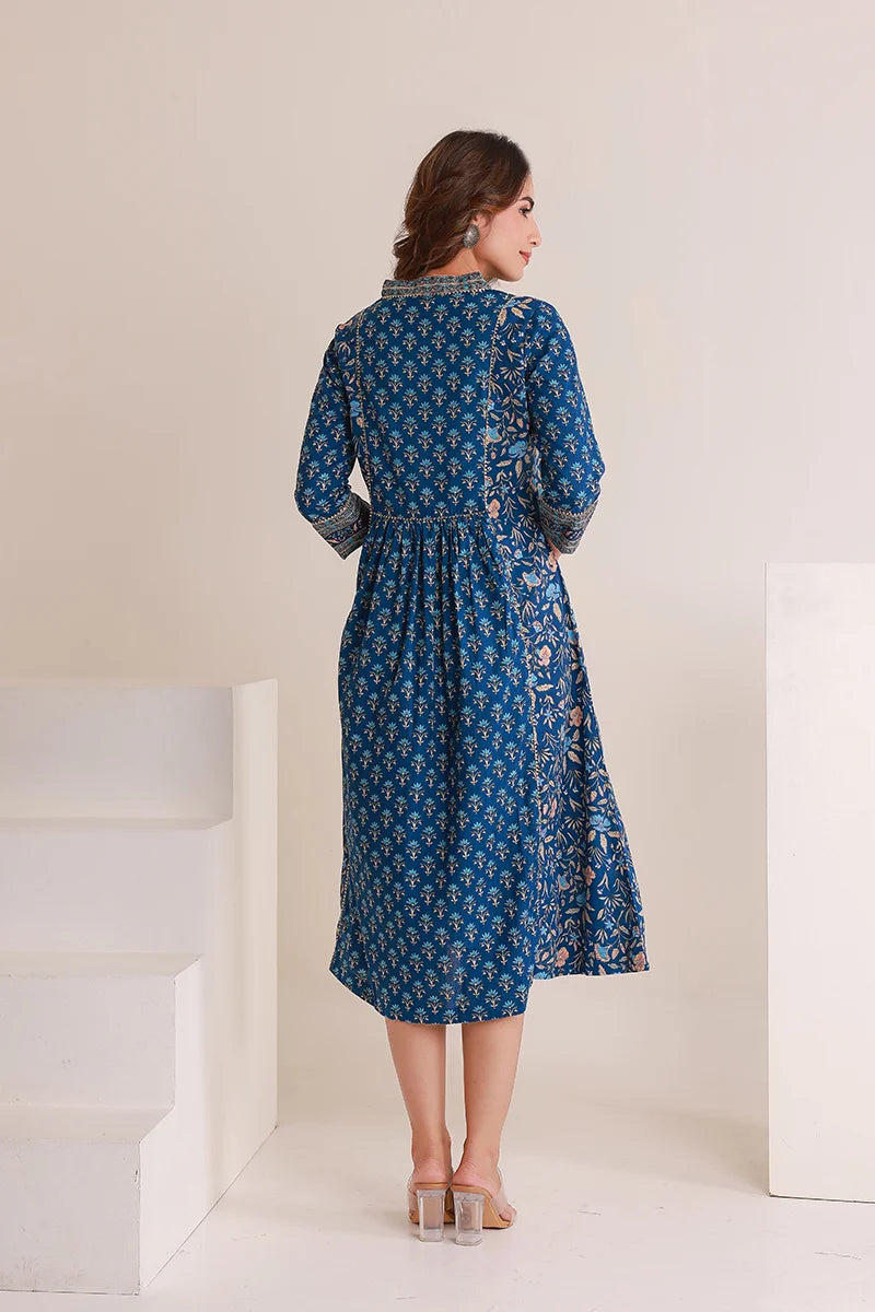 Navy Floral Print Midi Pure Cotton Ethnic Dress with Gotta Work Detail