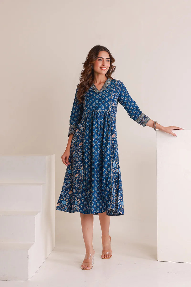 Navy Floral Print Midi Pure Cotton Ethnic Dress with Gotta Work Detail