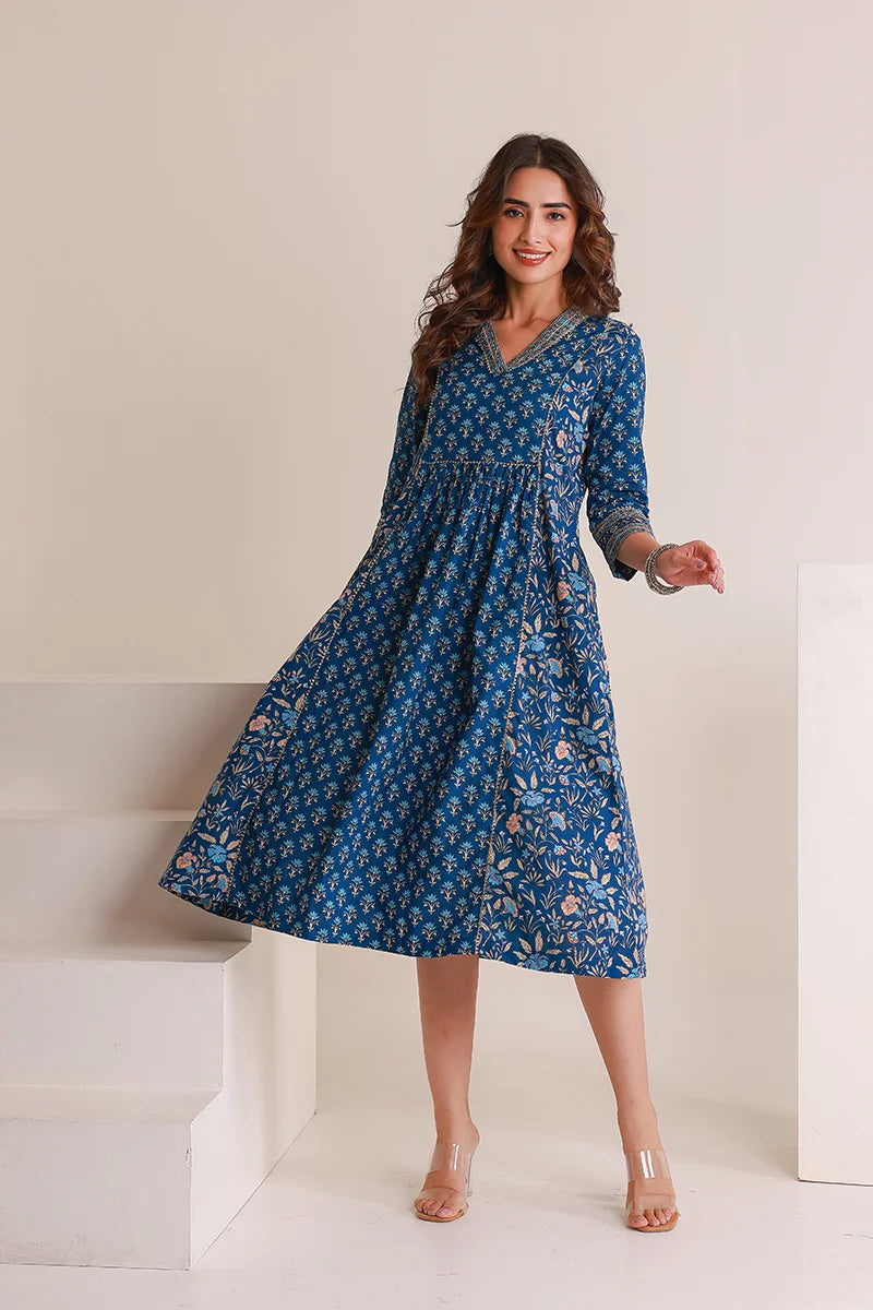 Navy Floral Print Midi Pure Cotton Ethnic Dress with Gotta Work Detail