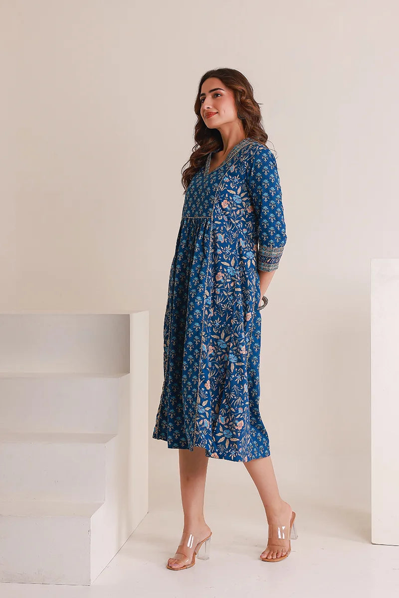 Navy Floral Print Midi Pure Cotton Ethnic Dress with Gotta Work Detail