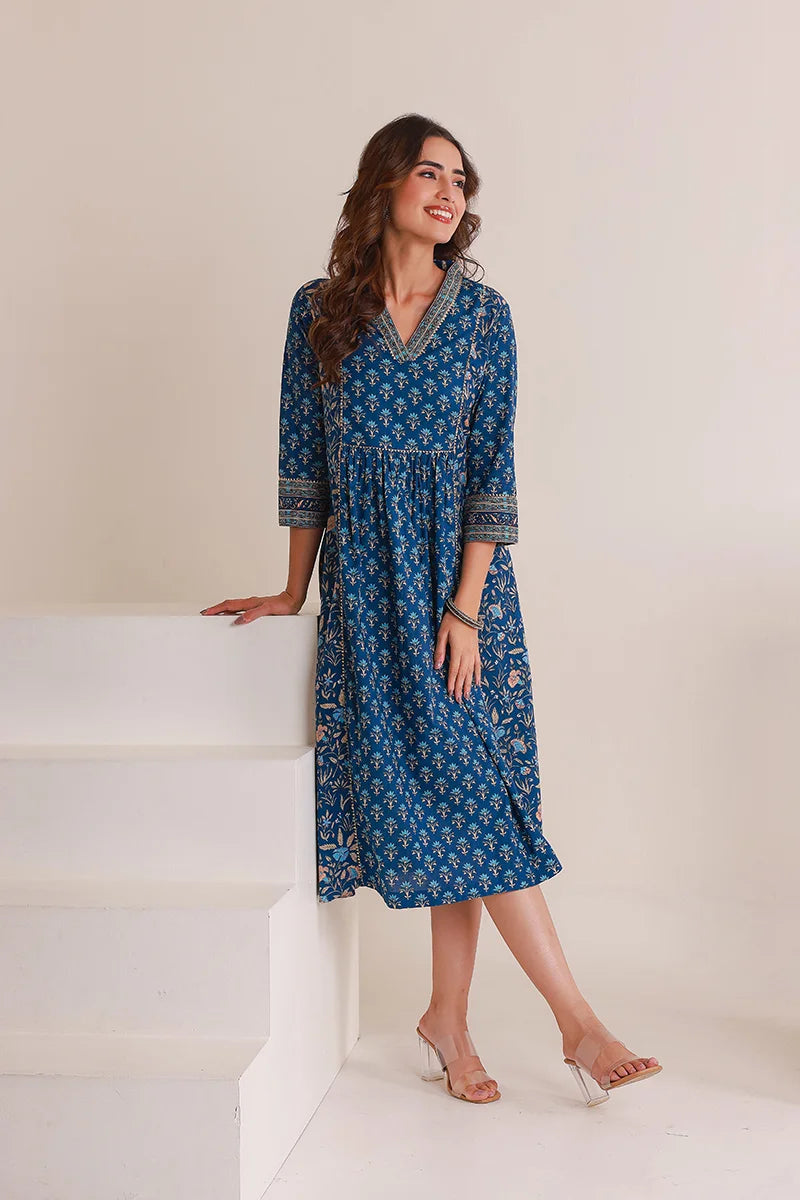 Navy Floral Print Midi Pure Cotton Ethnic Dress with Gotta Work Detail