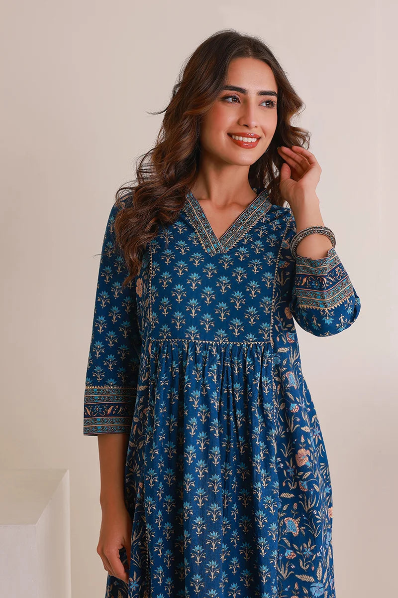 Navy Floral Print Midi Pure Cotton Ethnic Dress with Gotta Work Detail