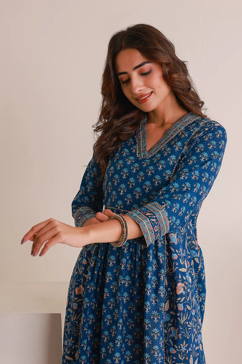 Navy Floral Print Midi Pure Cotton Ethnic Dress with Gotta Work Detail