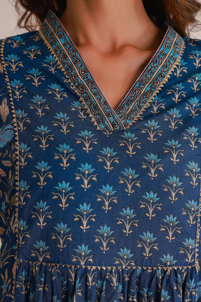 Navy Floral Print Midi Pure Cotton Ethnic Dress with Gotta Work Detail