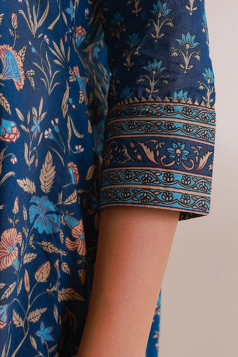 Navy Floral Print Midi Pure Cotton Ethnic Dress with Gotta Work Detail