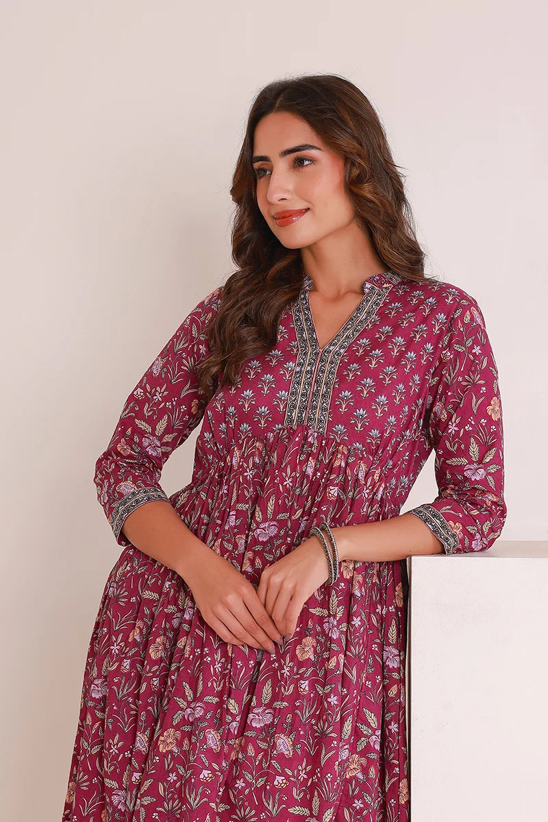 Purple Floral Printed Anarkali Kurta