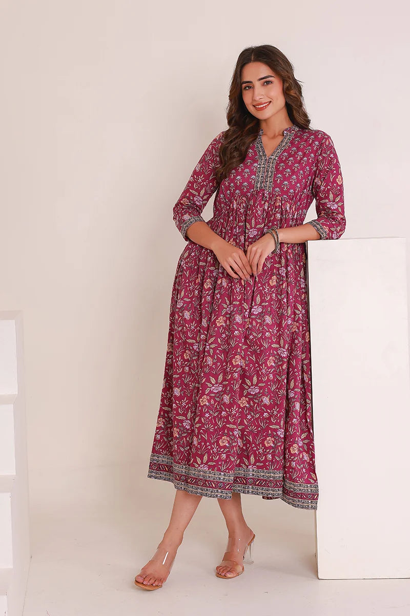 Purple Floral Printed Anarkali Kurta