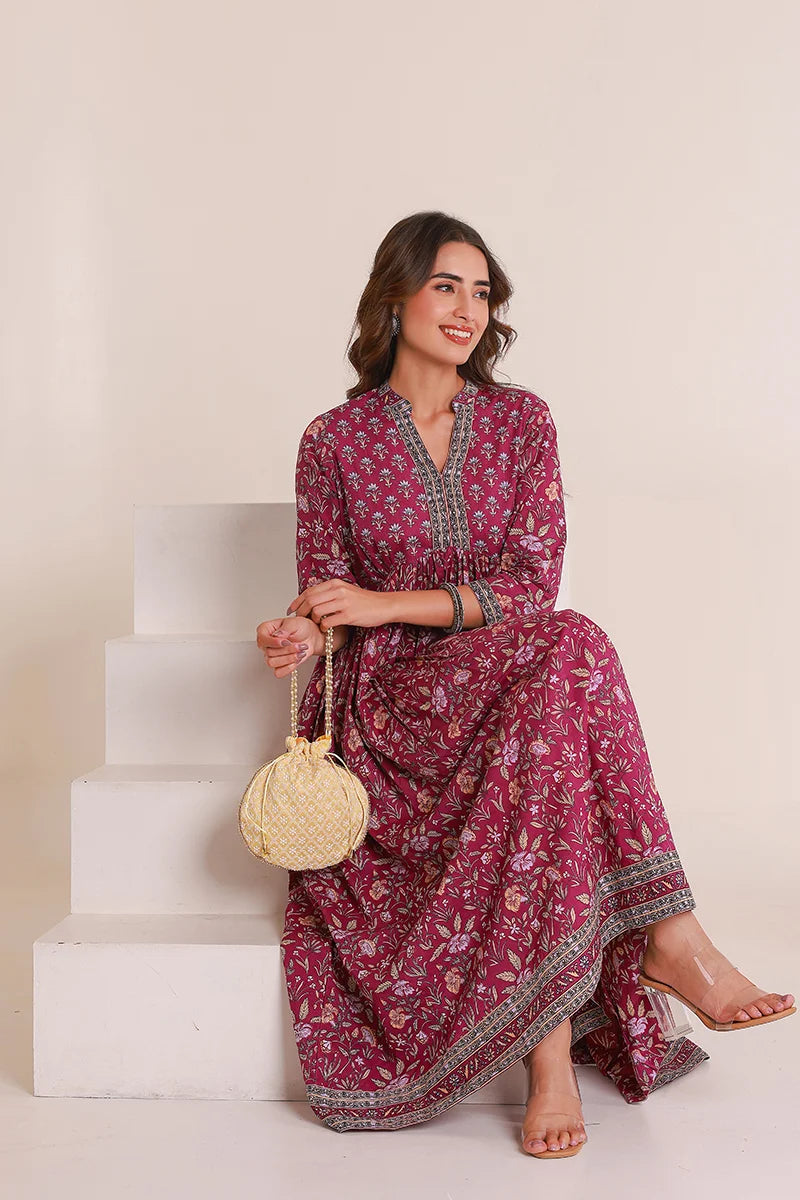 Purple Floral Printed Anarkali Kurta