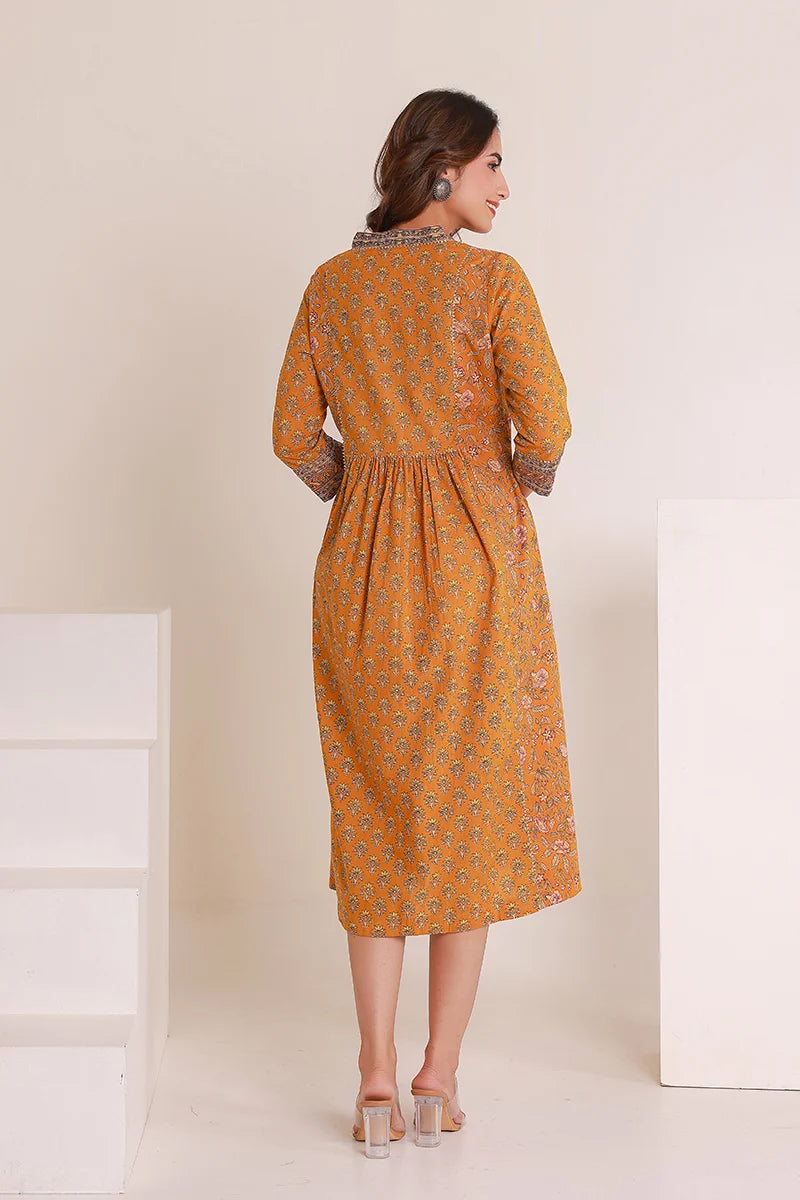 Mustard Floral Print Midi Pure Cotton Ethnic Dress with Gotta Work Detail