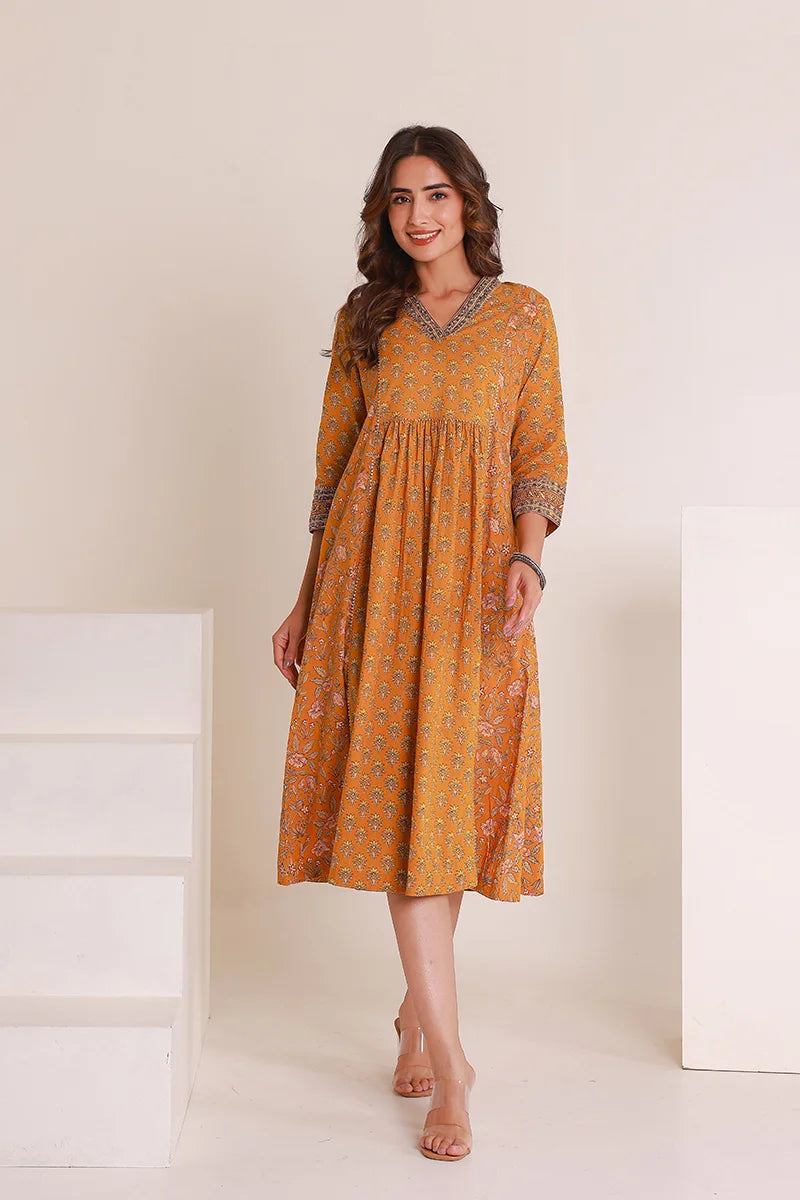 Mustard Floral Print Midi Pure Cotton Ethnic Dress with Gotta Work Detail