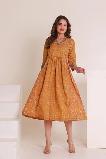 Mustard Floral Print Midi Pure Cotton Ethnic Dress with Gotta Work Detail