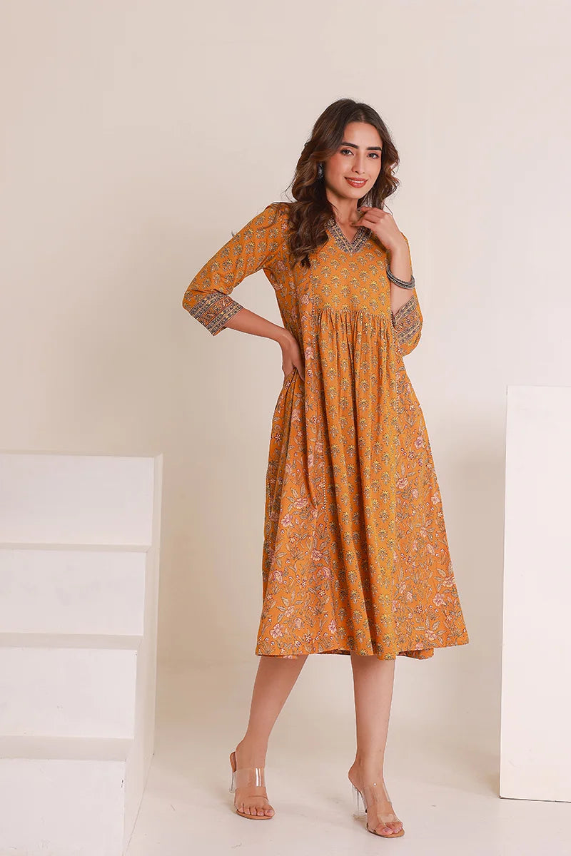 Mustard Floral Print Midi Pure Cotton Ethnic Dress with Gotta Work Detail