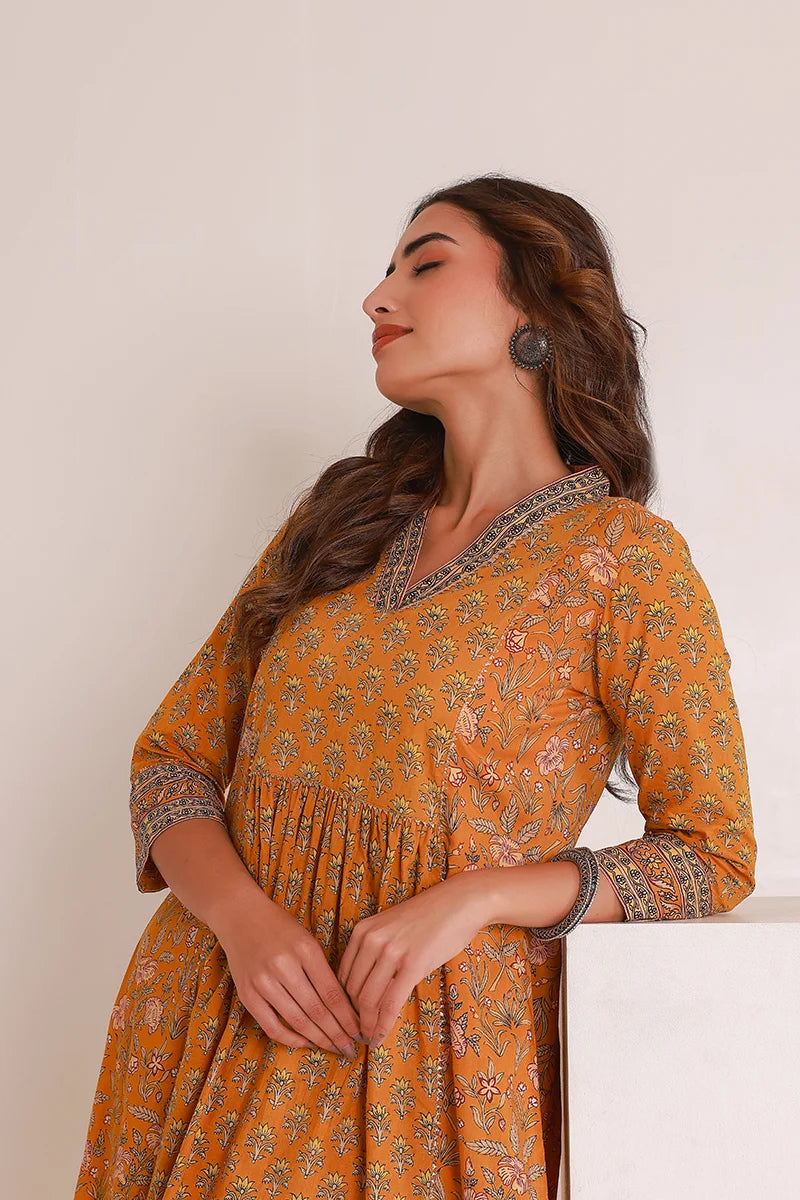 Mustard Floral Print Midi Pure Cotton Ethnic Dress with Gotta Work Detail