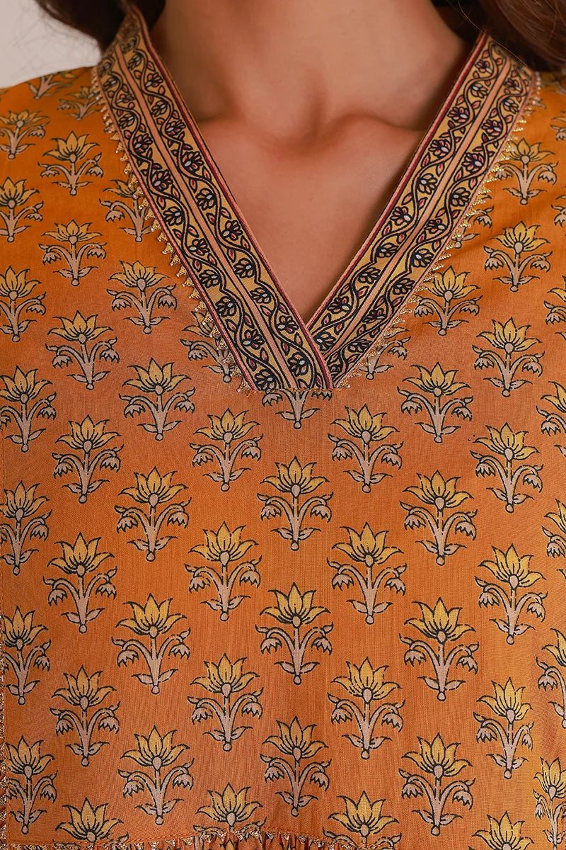 Mustard Floral Print Midi Pure Cotton Ethnic Dress with Gotta Work Detail