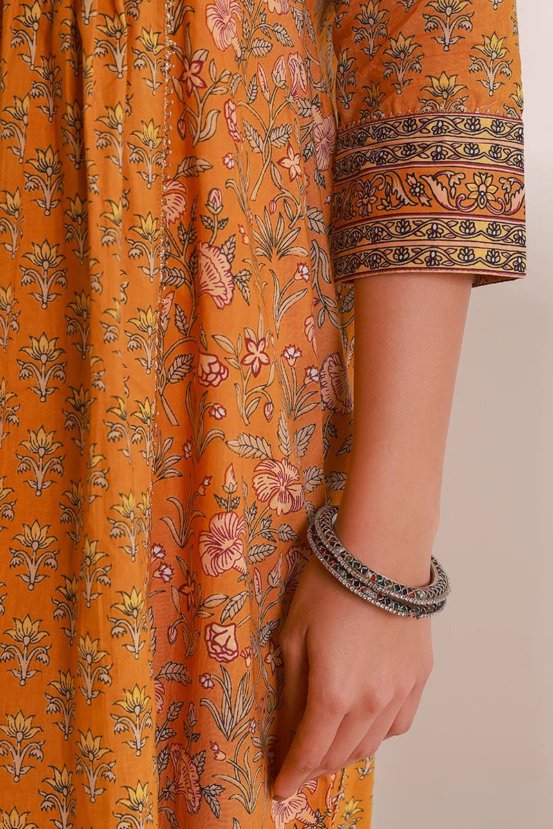Mustard Floral Print Midi Pure Cotton Ethnic Dress with Gotta Work Detail