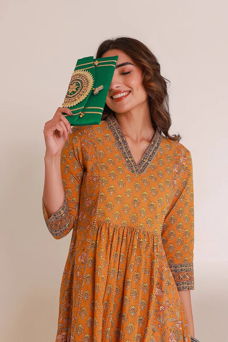 Mustard Floral Print Midi Pure Cotton Ethnic Dress with Gotta Work Detail