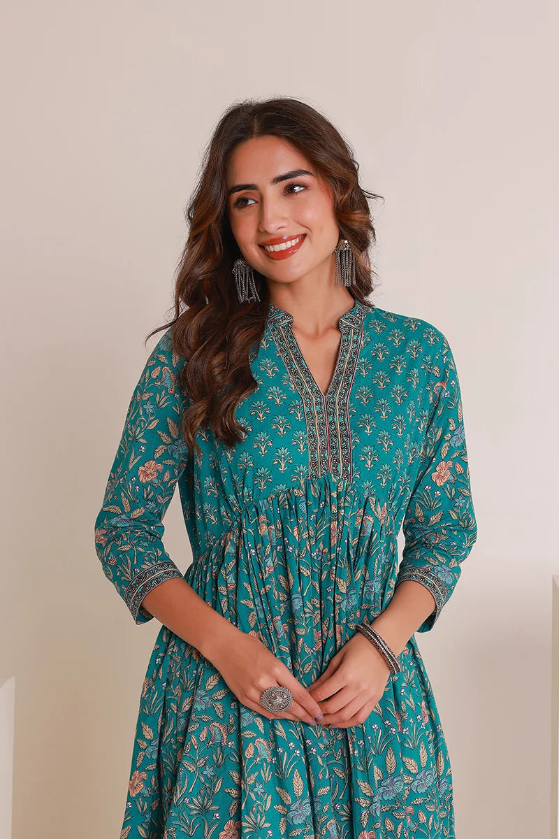 Green Floral Printed Anarkali Kurta