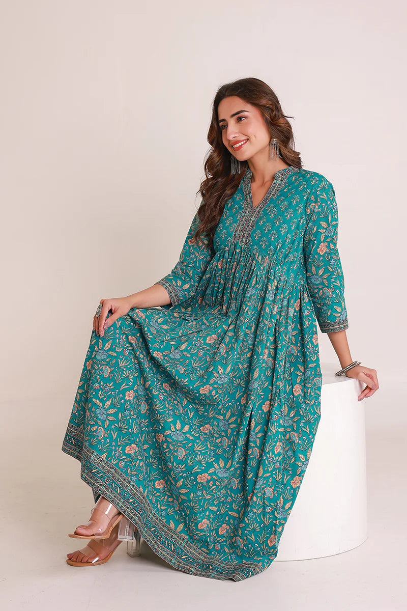 Green Floral Printed Anarkali Kurta