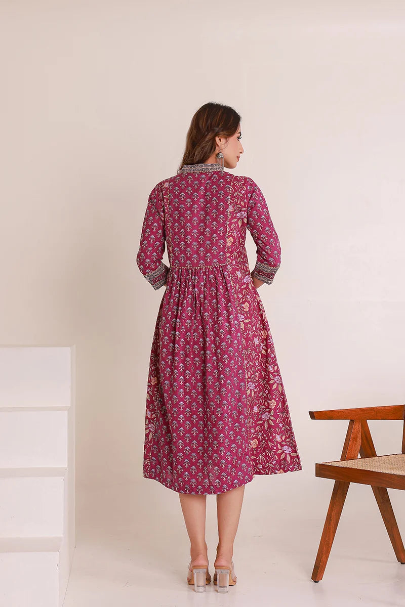 Purple Floral Print Midi Pure Cotton Ethnic Dress with Gotta Work Detail