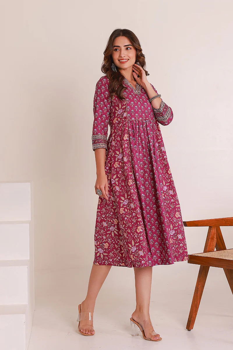 Purple Floral Print Midi Pure Cotton Ethnic Dress with Gotta Work Detail
