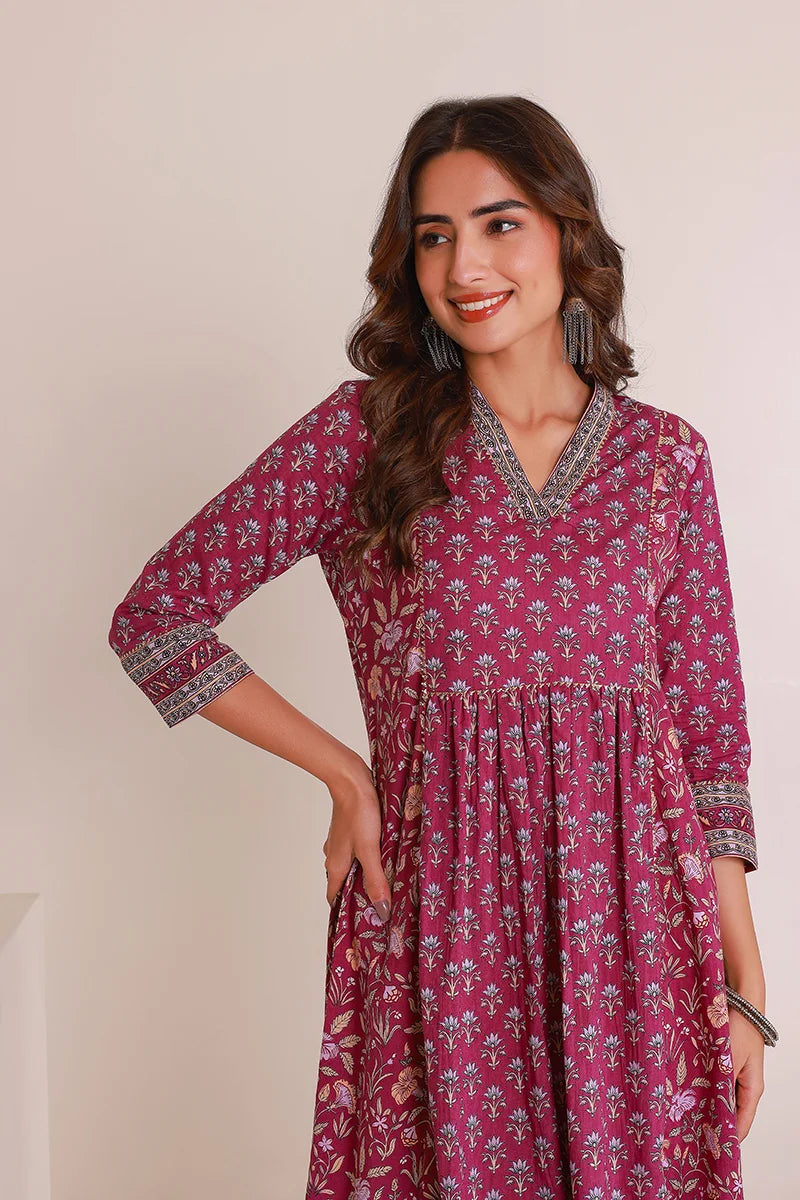 Purple Floral Print Midi Pure Cotton Ethnic Dress with Gotta Work Detail