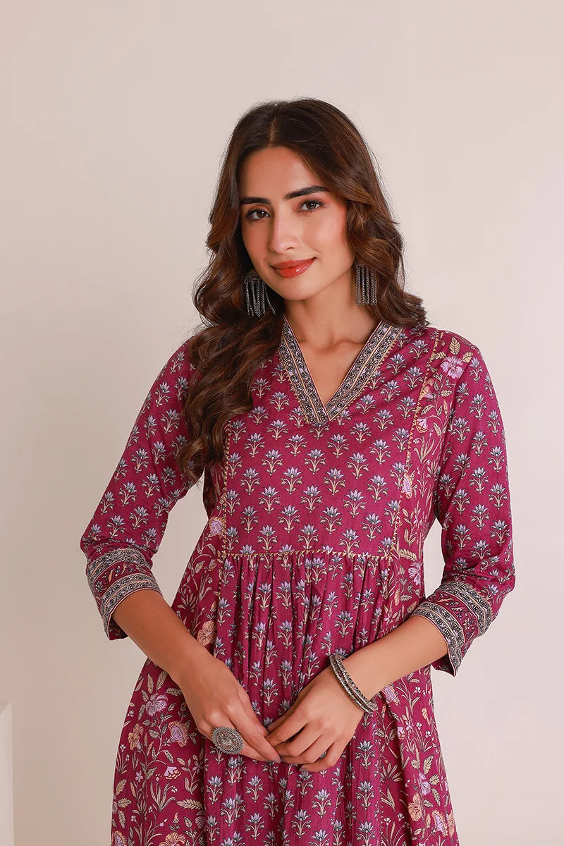 Purple Floral Print Midi Pure Cotton Ethnic Dress with Gotta Work Detail