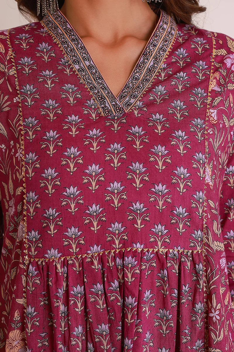 Purple Floral Print Midi Pure Cotton Ethnic Dress with Gotta Work Detail