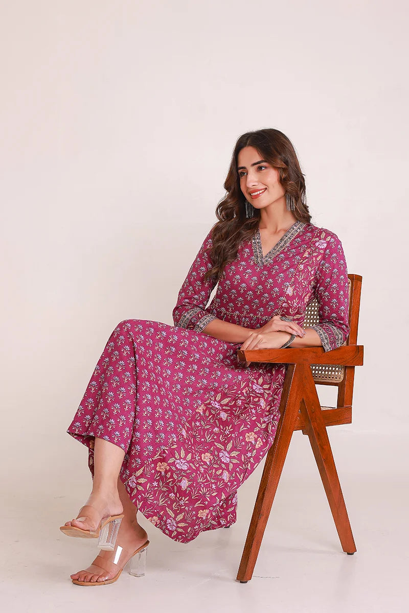 Purple Floral Print Midi Pure Cotton Ethnic Dress with Gotta Work Detail