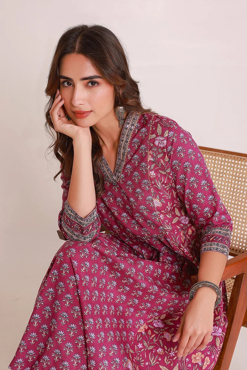 Purple Floral Print Midi Pure Cotton Ethnic Dress with Gotta Work Detail