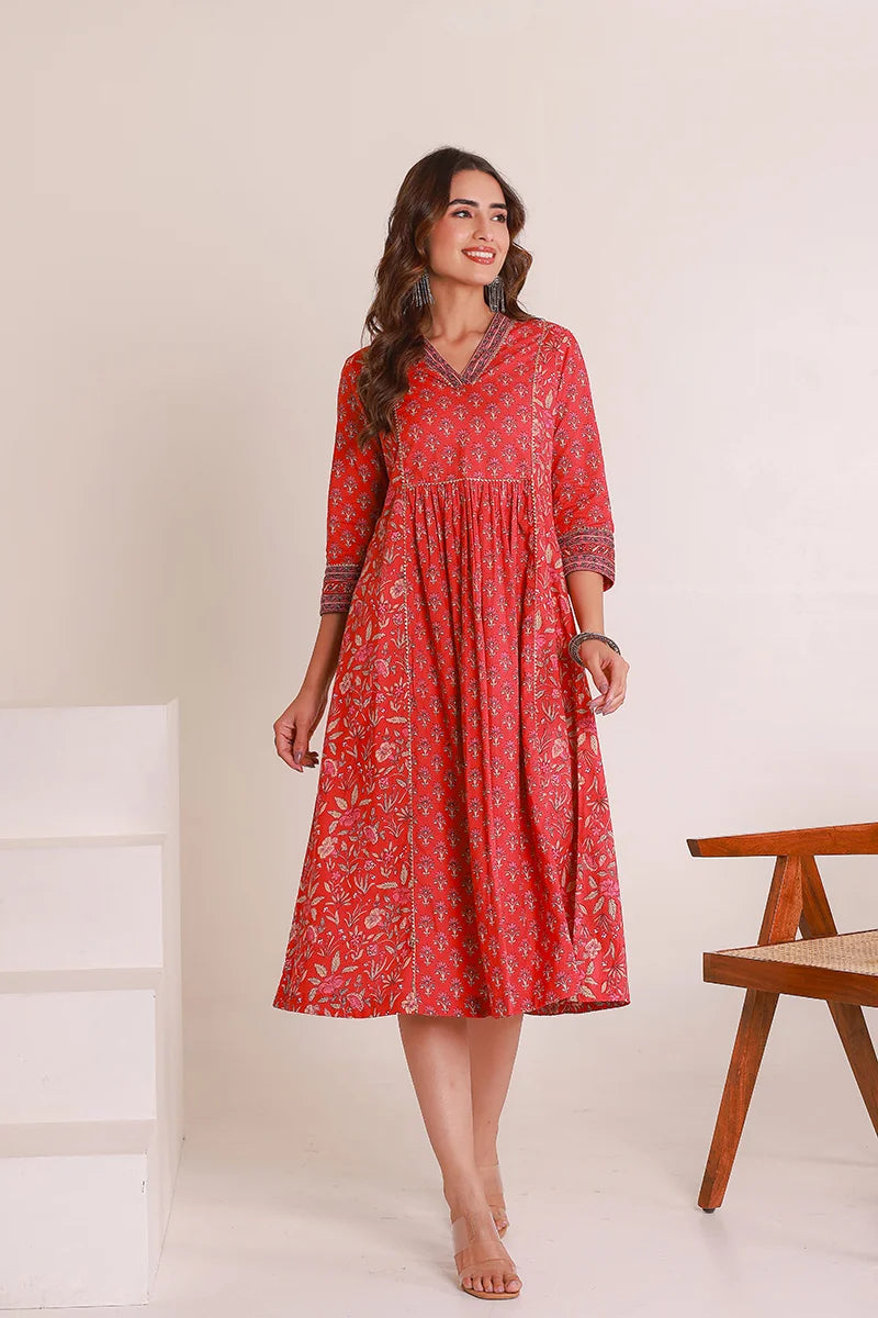 Red Floral Print Midi Pure Cotton Ethnic Dress with Gotta Work Detail