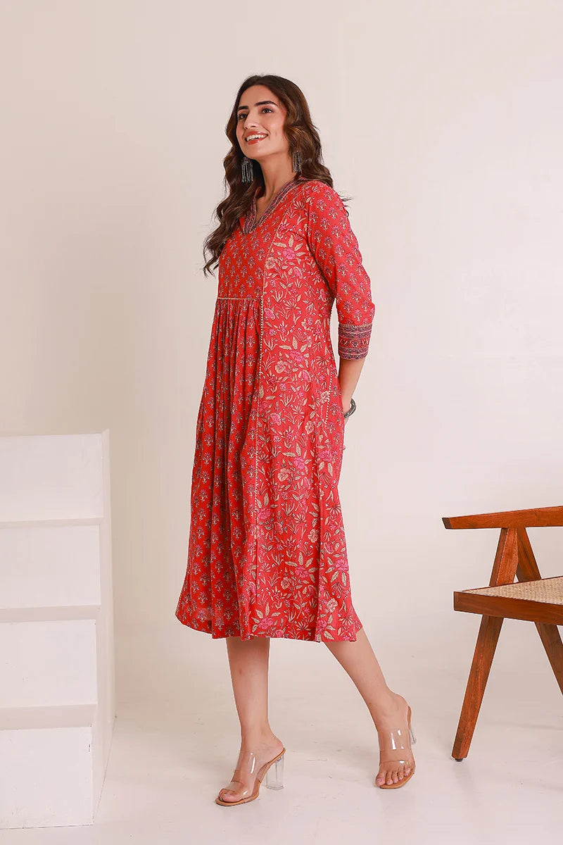 Red Floral Print Midi Pure Cotton Ethnic Dress with Gotta Work Detail