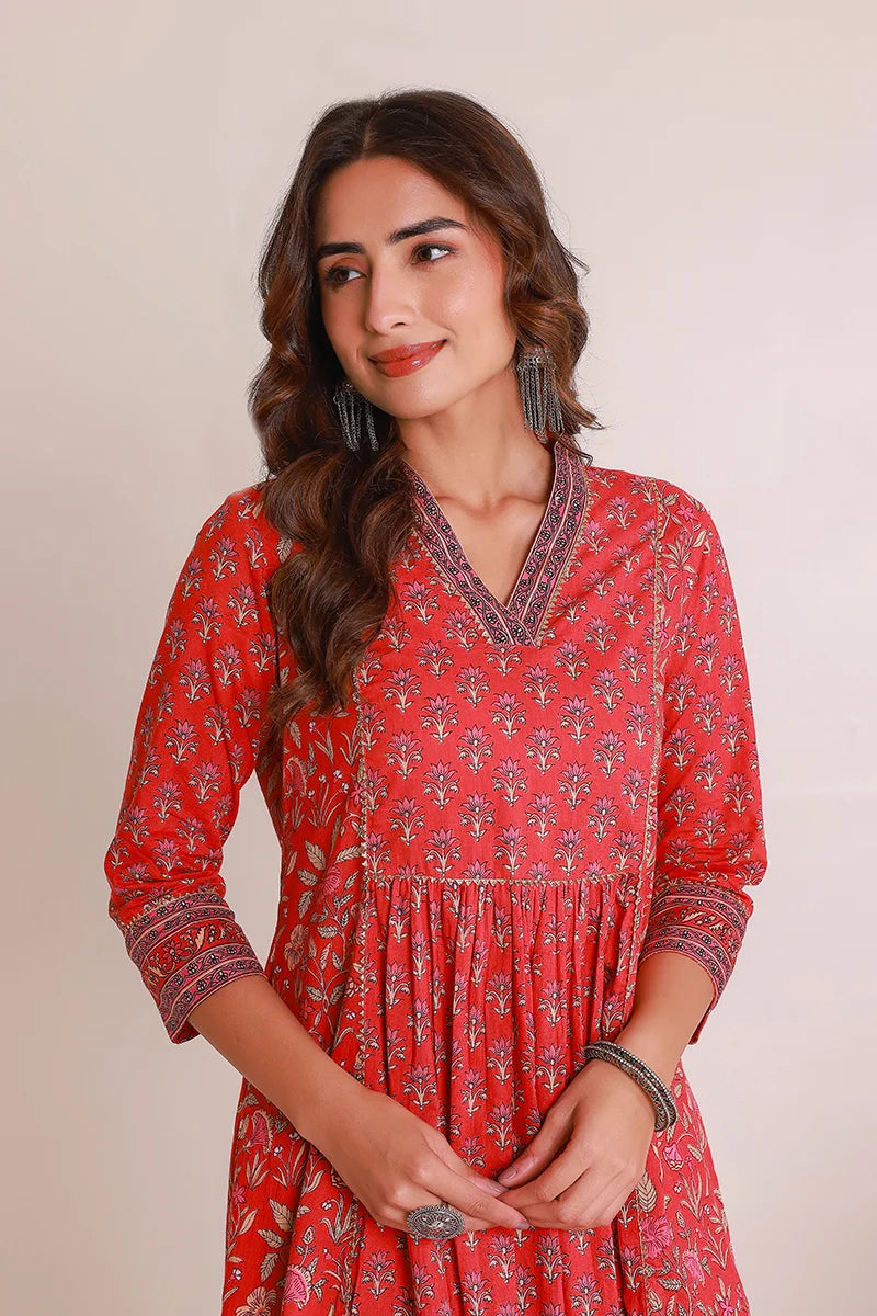 Red Floral Print Midi Pure Cotton Ethnic Dress with Gotta Work Detail