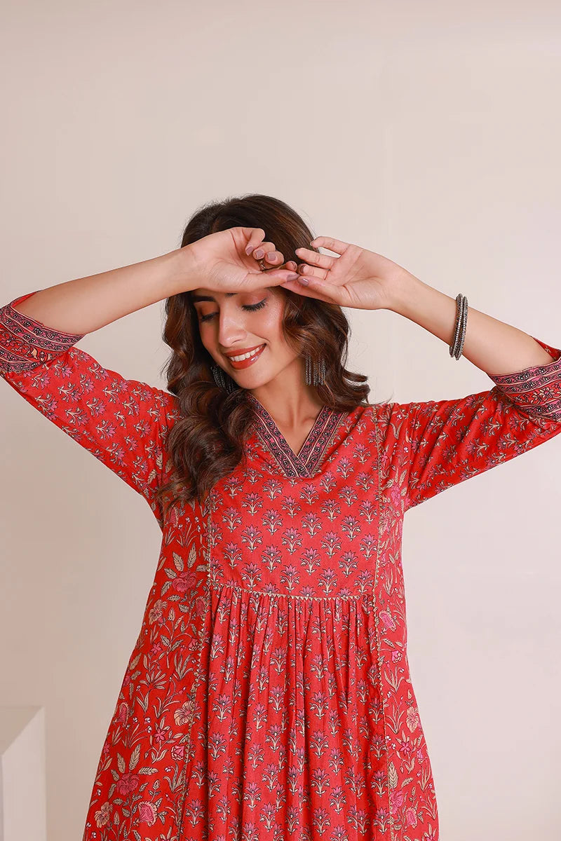 Red Floral Print Midi Pure Cotton Ethnic Dress with Gotta Work Detail